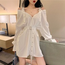 Spring new sexy open-door collarbone large V collar harness lining female Korean version chic with a long loose shirt blouse