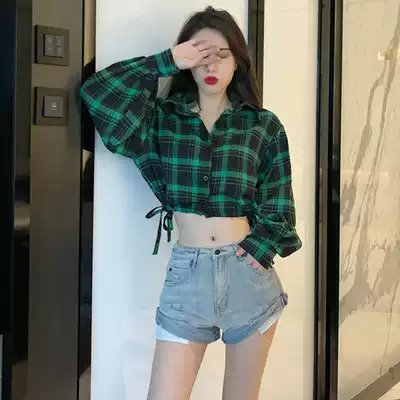 Autumn new women's Korean version of chic drawstring long sleeve plaid shirt jacket simple Joker short version jacket jacket