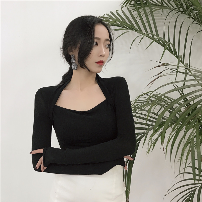 Spring Dress New Retro Temperament Square Collar Pure color Sexy undershirt woman Long sleeves Nets tight with low chest and thin blouses