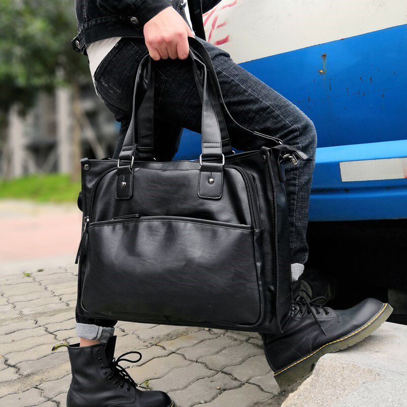 European Station Men's Handbag Business Genuine Leather Skew Satchel Large Capacity Business Bull Leather Hand Carry Bag Computer Briefcase