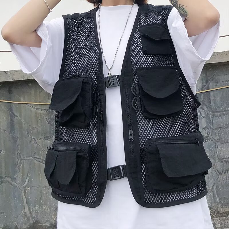 American-Style Outdoor Mesh Vest for Men, Summer Thin Multi-Pocket Functional Vest, Loose Sleeveless Waistcoat Jacket