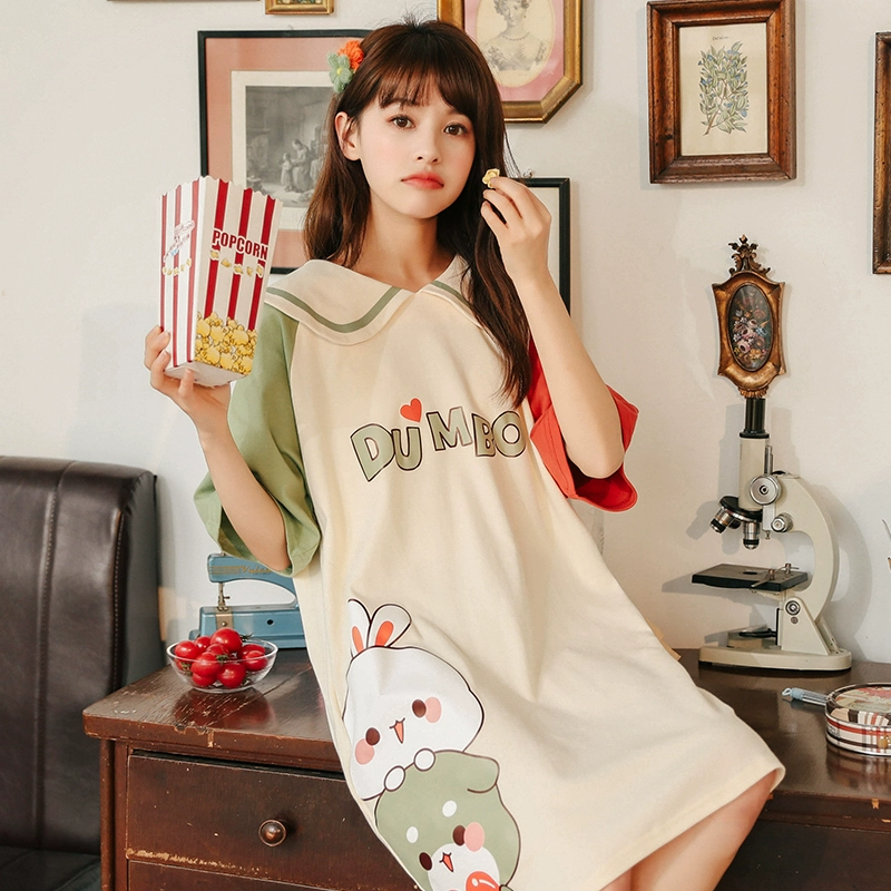 [Tanfenni] 8119 # M L XL XXL (cotton) mùa hè búp bê nữ váy ngủ ngắn tay cổ áo bông - Đêm đầm