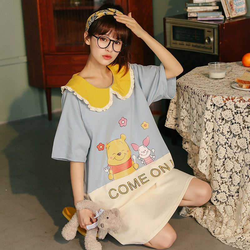 [Tanfenni] 8112 # M L XL XXL (cotton) mùa hè búp bê nữ váy ngủ ngắn tay cổ áo bông - Đêm đầm