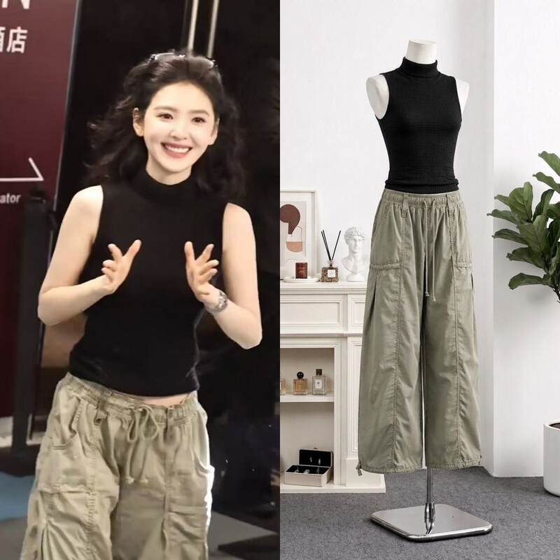 Zhang Ruonan's Same Style Black Sleeveless Tank Top T-Shirt with Drawstring Cargo Casual Pants, American Retro Hot Girl Stage Outfit