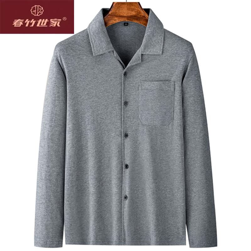 Spring and Summer Men's Pure Cotton Cardigan for Middle-Aged and Elderly, Breathable Long-Sleeve T-Shirt, Full Cotton Front-Button Top