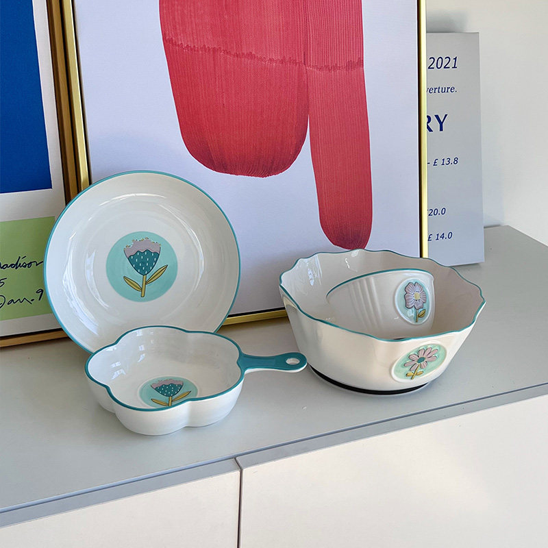 Luca Nordic Green Side Tulip Daisy Dish Suit Home Ceramic Pan Rice Bowl Baking Tray Soup Bowl