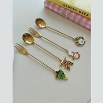 Rua Acute Santa Claus Elk Cartoon Christmas Cutlery Sweet Spoonful Spoon Sweet Fork Cake Fruit Spoon
