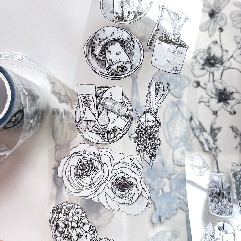 旧時光」懐かしい小物と花々 レトロな白黒線画 PET & 和紙マスキング