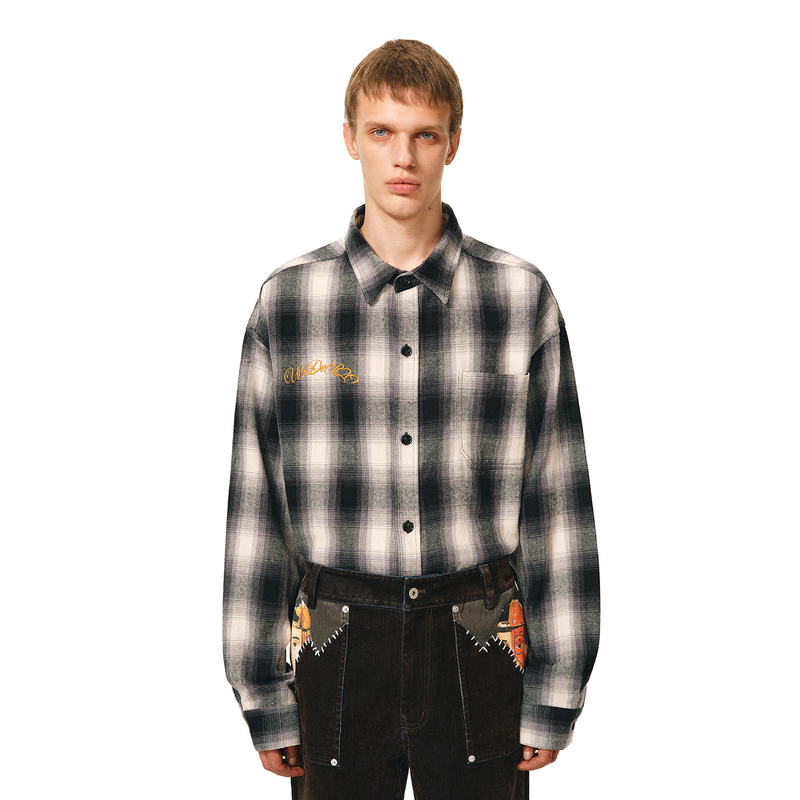 Under20 Virgin Tree Chicano Plaid Shirt Men's Autumn Black and White Checkered Vintage Loose Long Sleeve Shirt Under20 Virgin Tree Chicano Plaid Shirt Men's Autumn Black and White Checkered Vintage Loose Long Sleeve Shirt