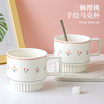 Ink Cherry mug cute Cup female summer ceramic drinking water Cup household cereal Cup Milk Cup Breakfast Cup