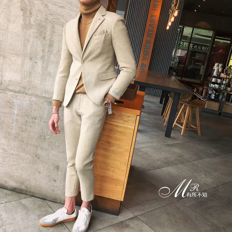 Bộ đồ len dày mùa đông màu dày phù hợp với bộ đồ đơn ngực nam phiên bản Anh của Hàn Quốc áo dài nam