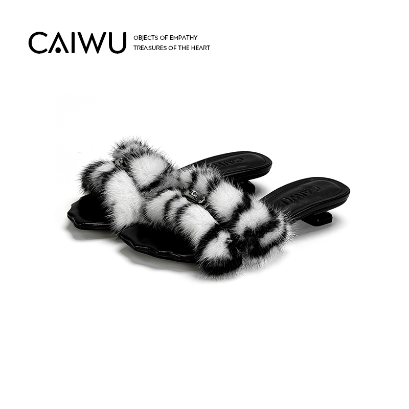 【Colorful Items】Rio Heartbeat 2026 Summer New Women's Sandals Mink Fur Slide Slippers Cat Heel Furry Slippers for Women