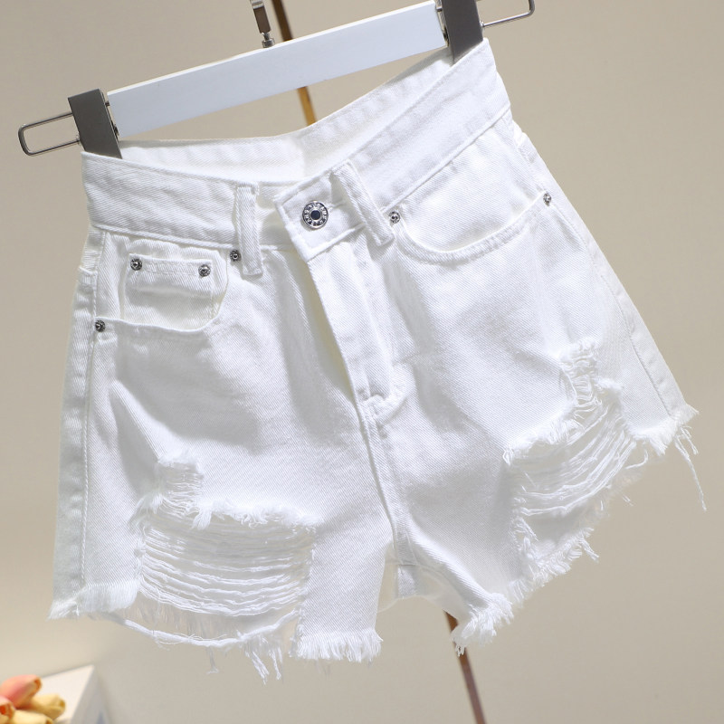 Boomer white high waist denim shorts women 2022 Summer new loose holes large size Wide-legged a pair of hot pants