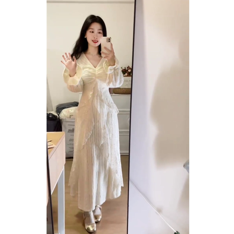 2023 Autumn/Winter New High-End Thickened Gentle Lace Feather Yarn Brushed Fabric Patchwork Sequin Elegant Long-Sleeve Dress 2023 Autumn/Winter New High-End Thickened Gentle Lace Feather Yarn Brushed Fabric Patchwork Sequin Elegant Long-Sleeve Dress