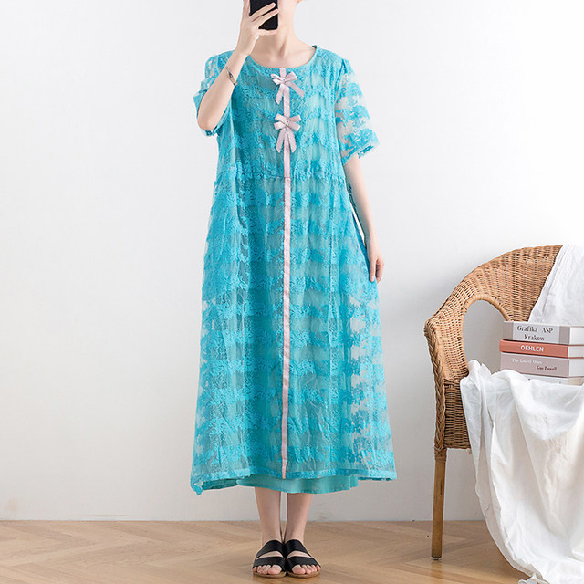 2024 spring new style literary retro chiffon embroidered lace women's skirt loose large size long A-line dress robe