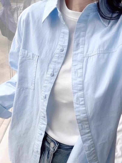 Pure Cotton Blue Shirt for Women, Spring and Autumn 2025 New Style, Turn-Down Collar, Long-Sleeved Shirt for Layering or Wearing Alone, Petite Korean Style Top