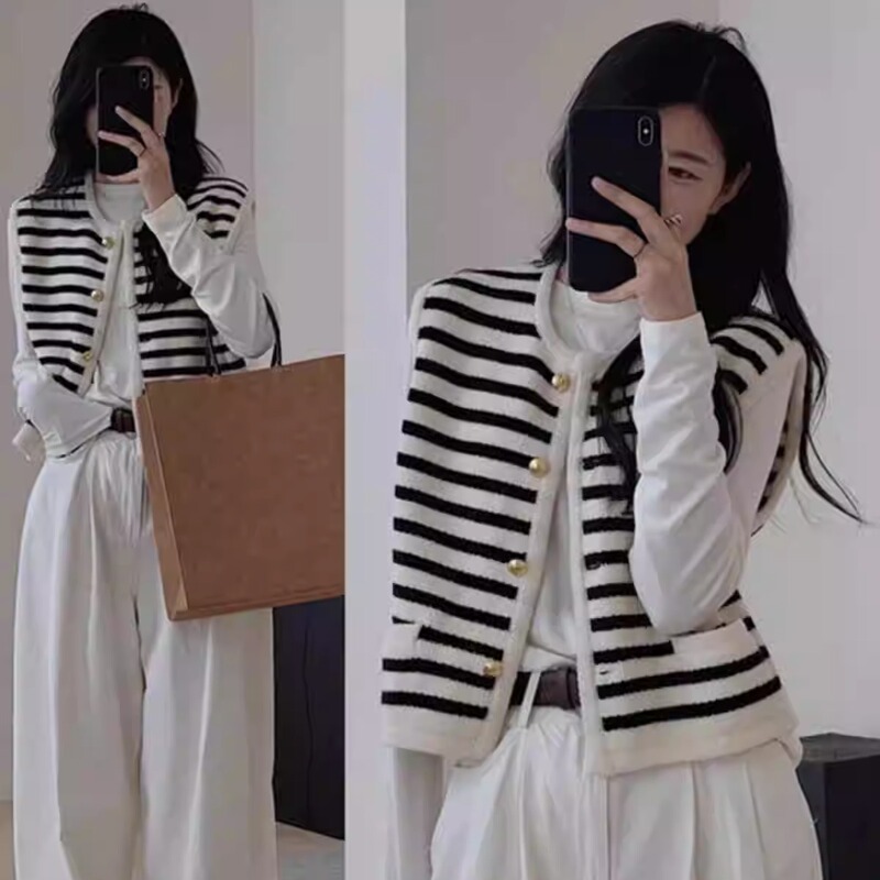 Tweed Style Black and White Stripesd Sleeveless Knitted Vest Jacket for Women, Spring & Fall Cardigan, Outer Wear, Sweater Vest
