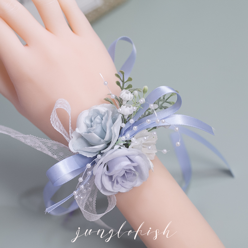 Blue & Wrist Flower-Forest Department Watercolor powder bride Bridesmaid Wrist flower groom Lapel flower Sternal flower wedding ceremony External shot prop Europe and America