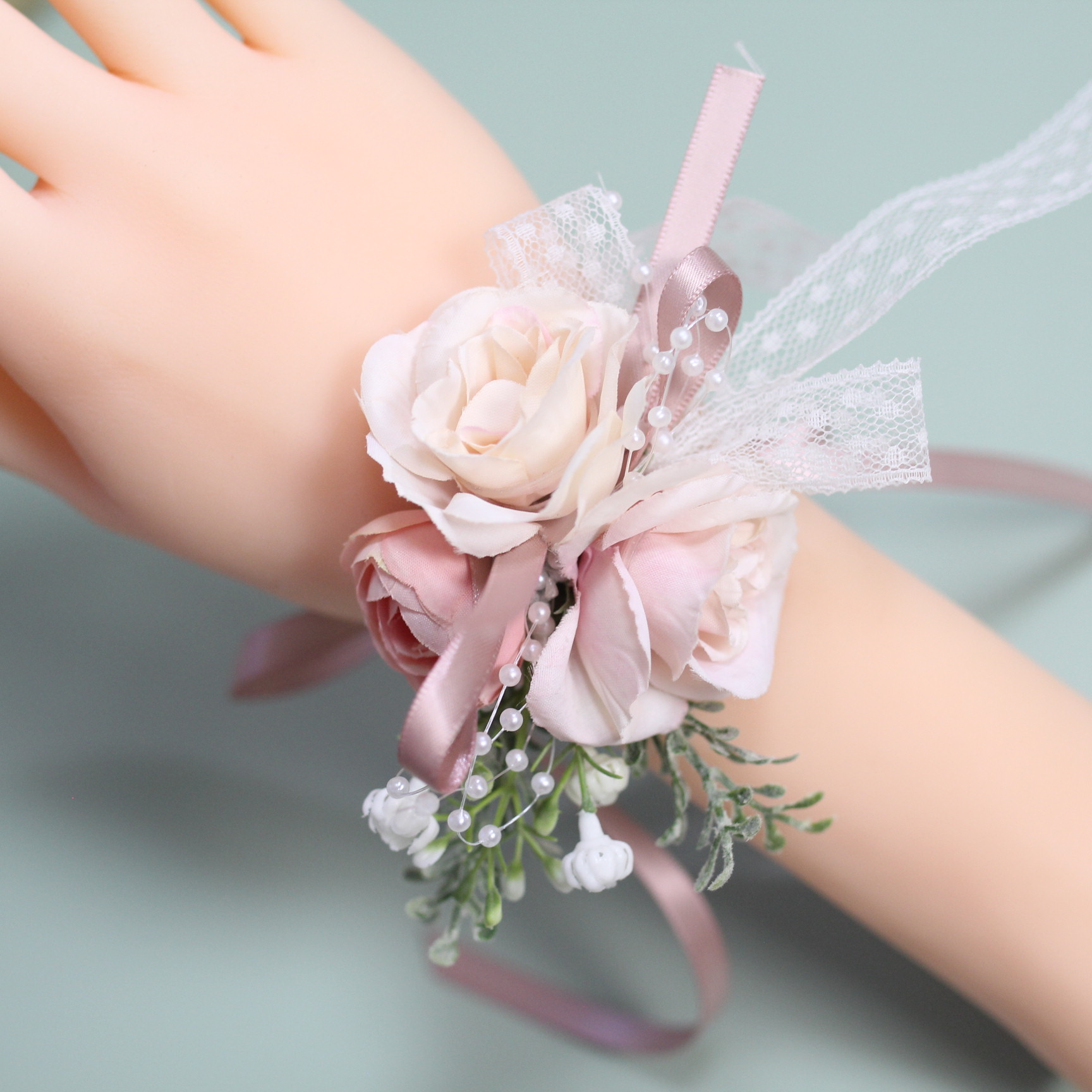 Wrist Flower - Ribbon StyleForest Department Watercolor powder bride Bridesmaid Wrist flower groom Lapel flower Sternal flower wedding ceremony External shot prop Europe and America