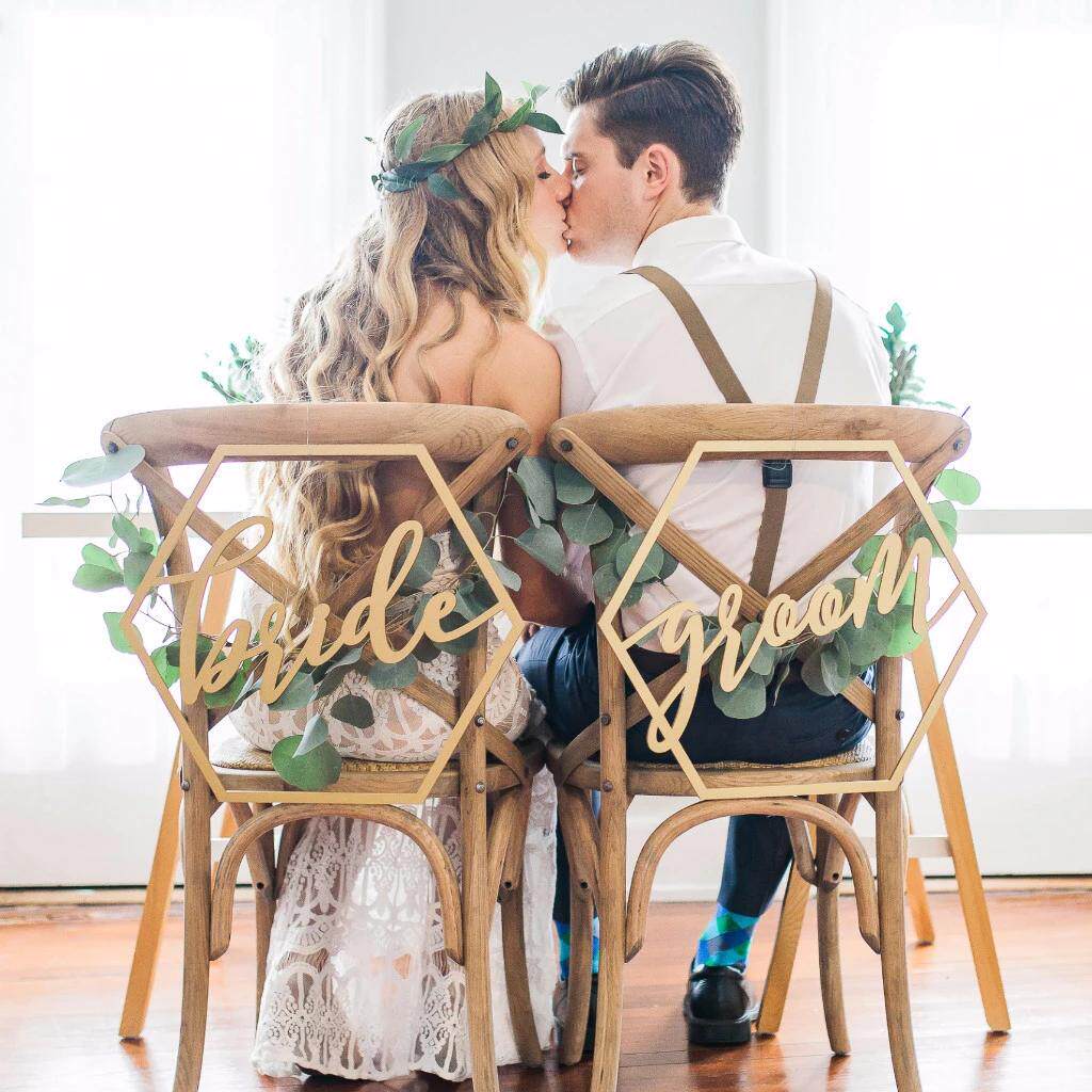 Chair back decoration BRIDEGROOM hexagonal groom bride WEDDING party WOODEN photo props Wedding supplies