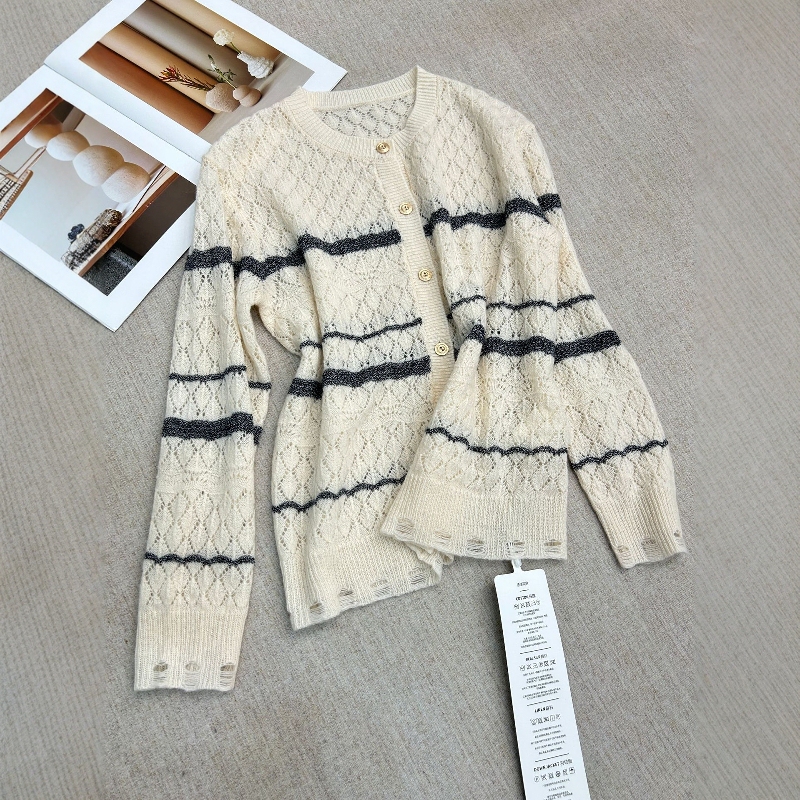 26 Spring/Summer New French Style Cashmere Wool Hollow Out Color-Block Striped Knit Sweater Thin Cardigan Top for Women