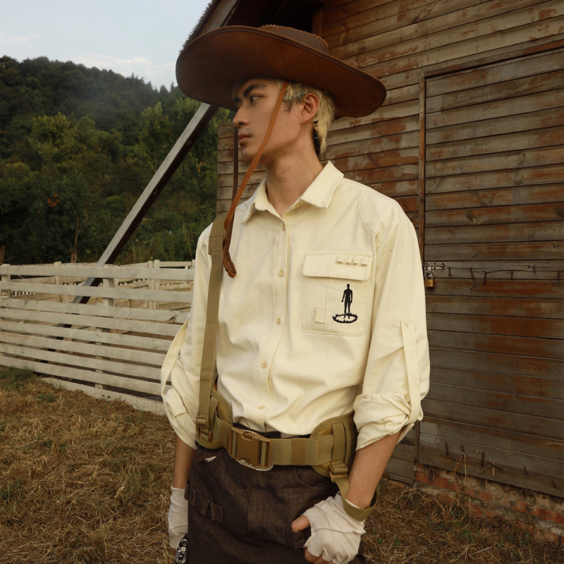 Johariwindow Autumn and Winter Barn Style Beige Vintage Denim Outdoor Long Sleeve Jacket Workwear Embroidered Shirt