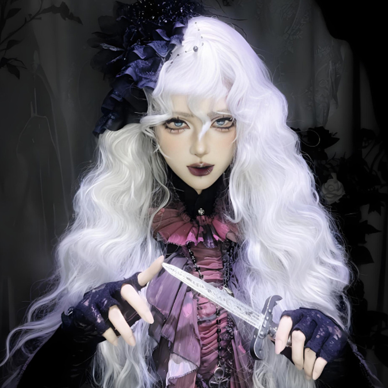 White Wig for Women, Dark Lolita Style, Long Curly Hair, Gothic Natural Bangs, White Hair, Yabi Daily Full Wig