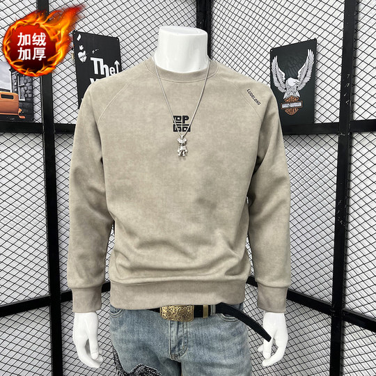 2025新款卫衣男春秋季潮牌圆领修身简约美式休闲加绒加厚打底衫潮