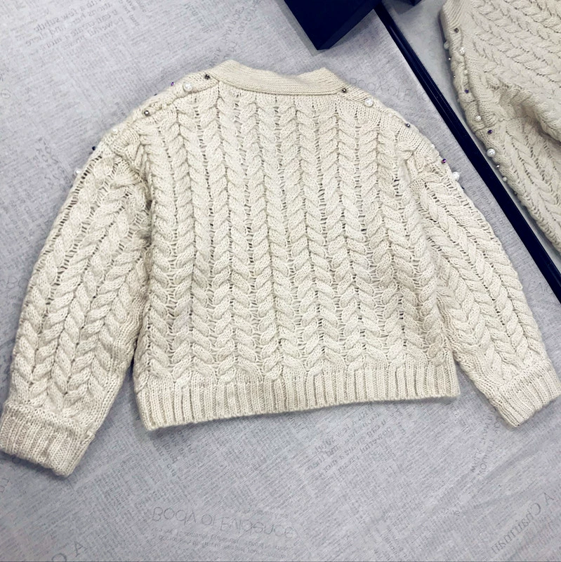 2017 mùa thu đông mẫu thủ công nặng tay đính hạt ngọc trai dày kim dòng xoắn kim áo len dày đan áo len