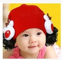 Thick womens curls go out for young children Cotton thread newborn month ear protection wig cap knitted cap wool photography belt for children