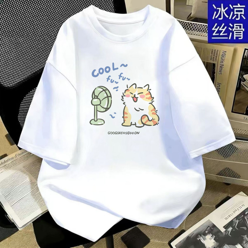 Round Neck Simple Style Cartoon Cute Cat Print Short-Sleeved T-Shirt for Men and Women, Loose Trendy Brand Top, White Round Neck Simple Style Cartoon Cute Cat Print Short-Sleeved T-Shirt for Men and Women, Loose Trendy Brand Top, White