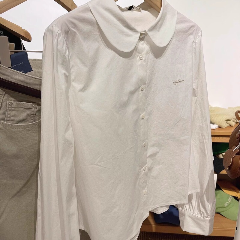 White Doll Collar Shirt, Korean Style, Youthful Layered Pure Cotton Shirt, New Autumn Slimming Long-Sleeve Top with a Sense of Elegance White Doll Collar Shirt, Korean Style, Youthful Layered Pure Cotton Shirt, New Autumn Slimming Long-Sleeve Top with a Sense of Elegance