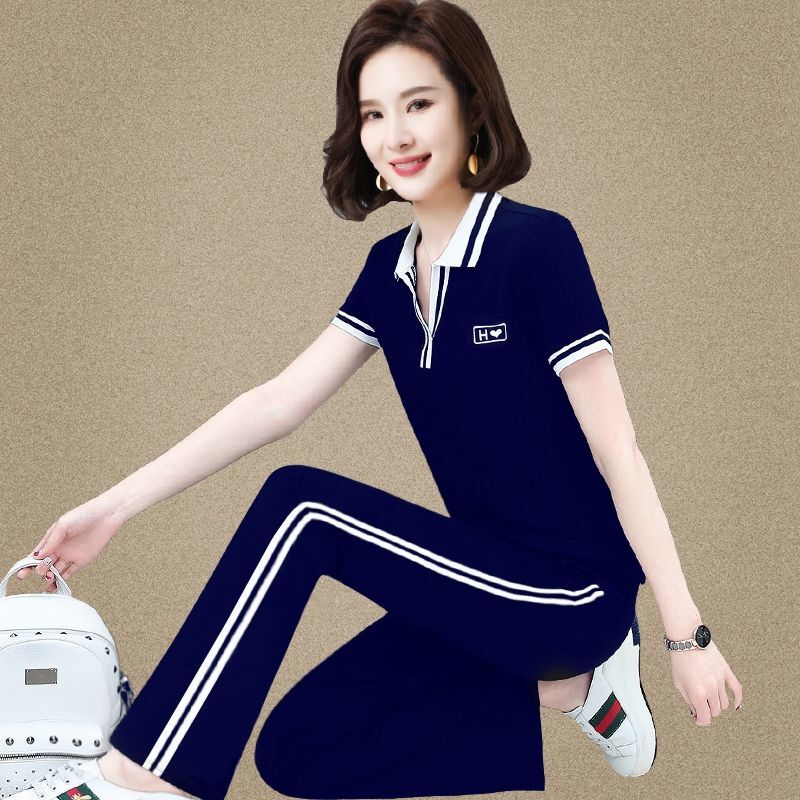 Short-Sleeved Sports Suit for Women, Summer New Style, Fashionable for Moms, Age-Reducing, Ice Silk, Large Size, Thin, Casual Two-Piece Set