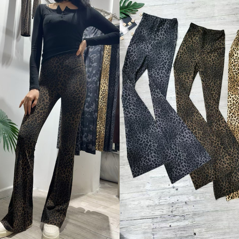 Coffee-Colored Leopard Print Flared High-Quality Yoga Shark Pants for Women, Spring High-Waisted Stretchy Tall Floor-Length Pants Trendy