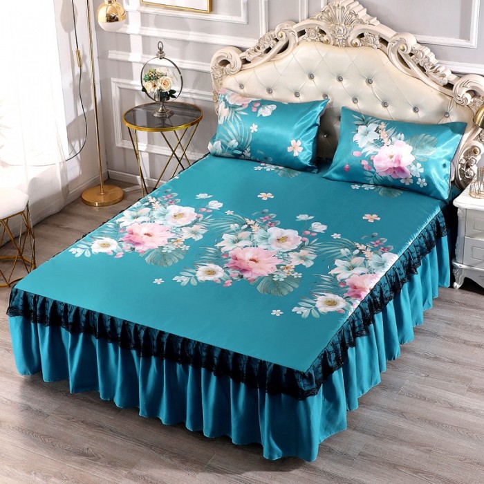 New printed bed dress Ice Silk Mat Machine Washable Three Sets Lace Lace Washable Fold Ice Silk Mat Cool Mat