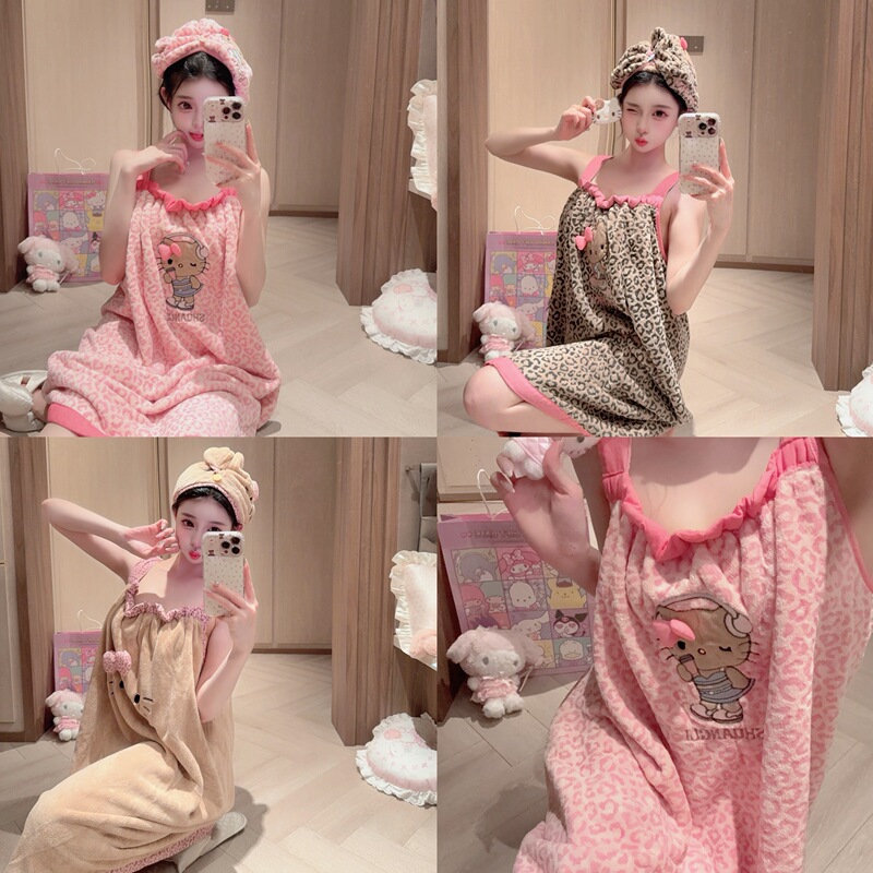 Xiangxiang's Secret Leopard Print Kt* Thick Coral Fleece Bath Skirt 2026 New Model Bath Towel Absorbent Quick-Dry Hair Cap for Summer