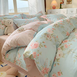 Fresh and Simple Pure Cotton Four-Piece Set, Pastoral Style Floral 100% Cotton Duvet Cover, Student Dormitory Three-Piece Set, Fitted Sheet