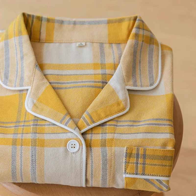 Muej High-End Pajamas for Women, Autumn and Winter Pure Cotton Flannel Brushed Long-Sleeved Plaid Couple's Men's Home Wear Set