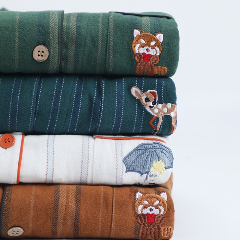 Muej Unprinted Pajamas for Men and Women, Autumn and Winter Pure Cotton Brushed Thickened Couple's Flannel Home Couple Set