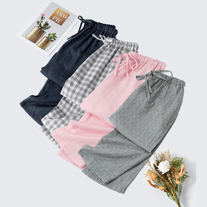 Muej Thin Cotton Pajama Pants for Women, Summer Pure Cotton Gauze Long Pants, Men's Plus Size Shorts, All-Cotton Home Pants for Couples