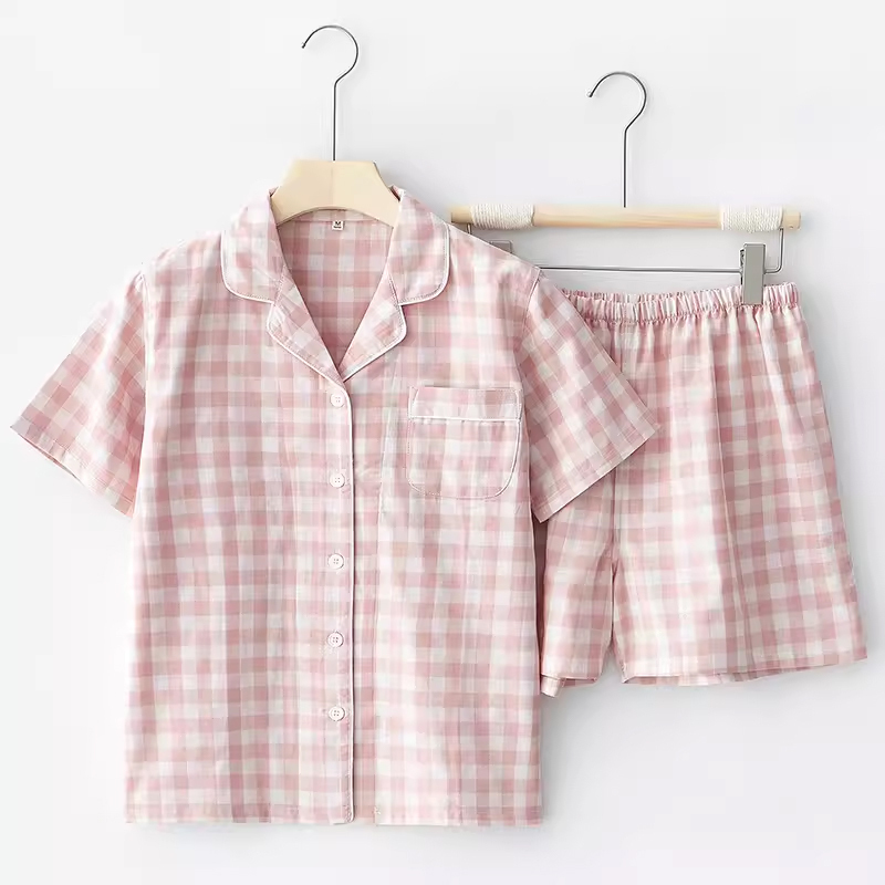 Muej Unprinted Pajamas for Women, Summer Short-Sleeved Shorts, Couple Set, Pure Cotton Double-Layer Gauze Plaid Loungewear for Men