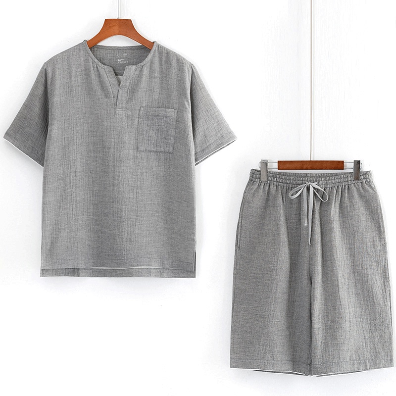 Muej Unprinted Pajamas for Men and Women, Pure Cotton Double-Layer Gauze, Collarless Short-Sleeved Shorts, Summer Couple Home Clothes Muej Unprinted Pajamas for Men and Women, Pure Cotton Double-Layer Gauze, Collarless Short-Sleeved Shorts, Summer Couple Home Clothes