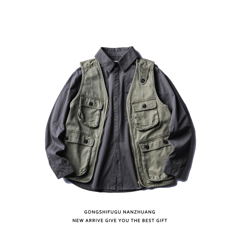 Japanese Retro Trendy Brand Shawn Yue Multi-Pocket Work Vest Unisex Loose Casual Jacket Couple Vest