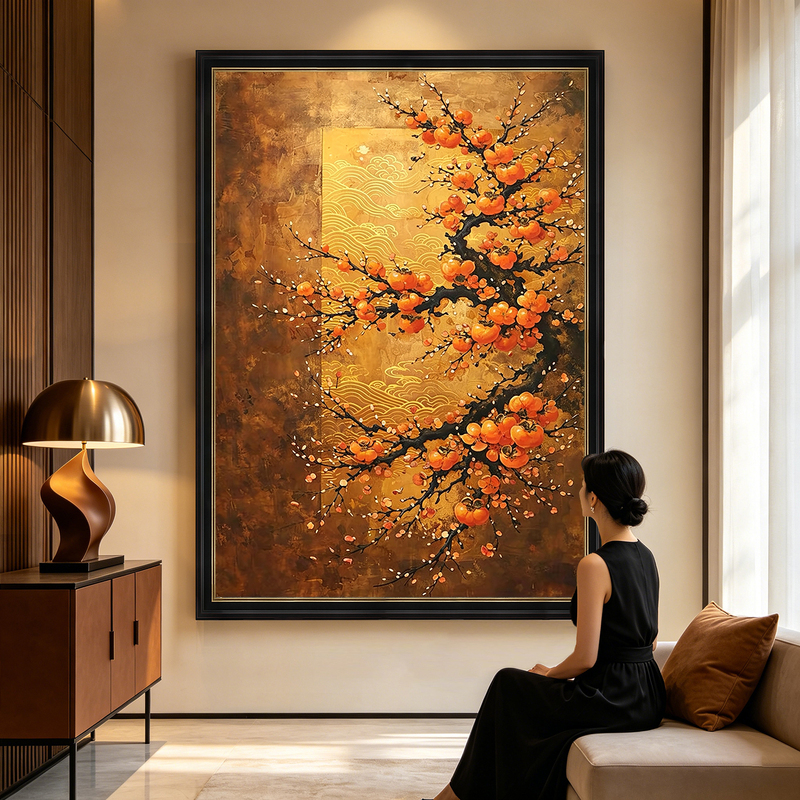 Hand-Painted Oil Painting of Golden Persimmons, Living Room Sofa Painting, Entrance Hall Dining Room Background Wall Decorative Painting, Antique-Style Persimmon Hanging Painting Hand-Painted Oil Painting of Golden Persimmons, Living Room Sofa Painting, Entrance Hall Dining Room Background Wall Decorative Painting, Antique-Style Persimmon Hanging Painting