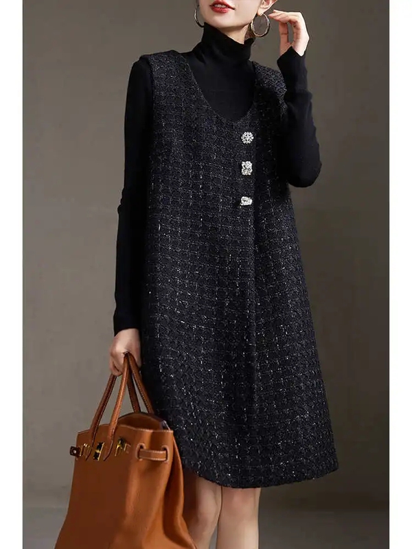 Bright Silk Chanel-Style Vest Dress for Women, 2024 European Style, Trendy and Elegant, New Spring and Autumn Large Size Midi Dress