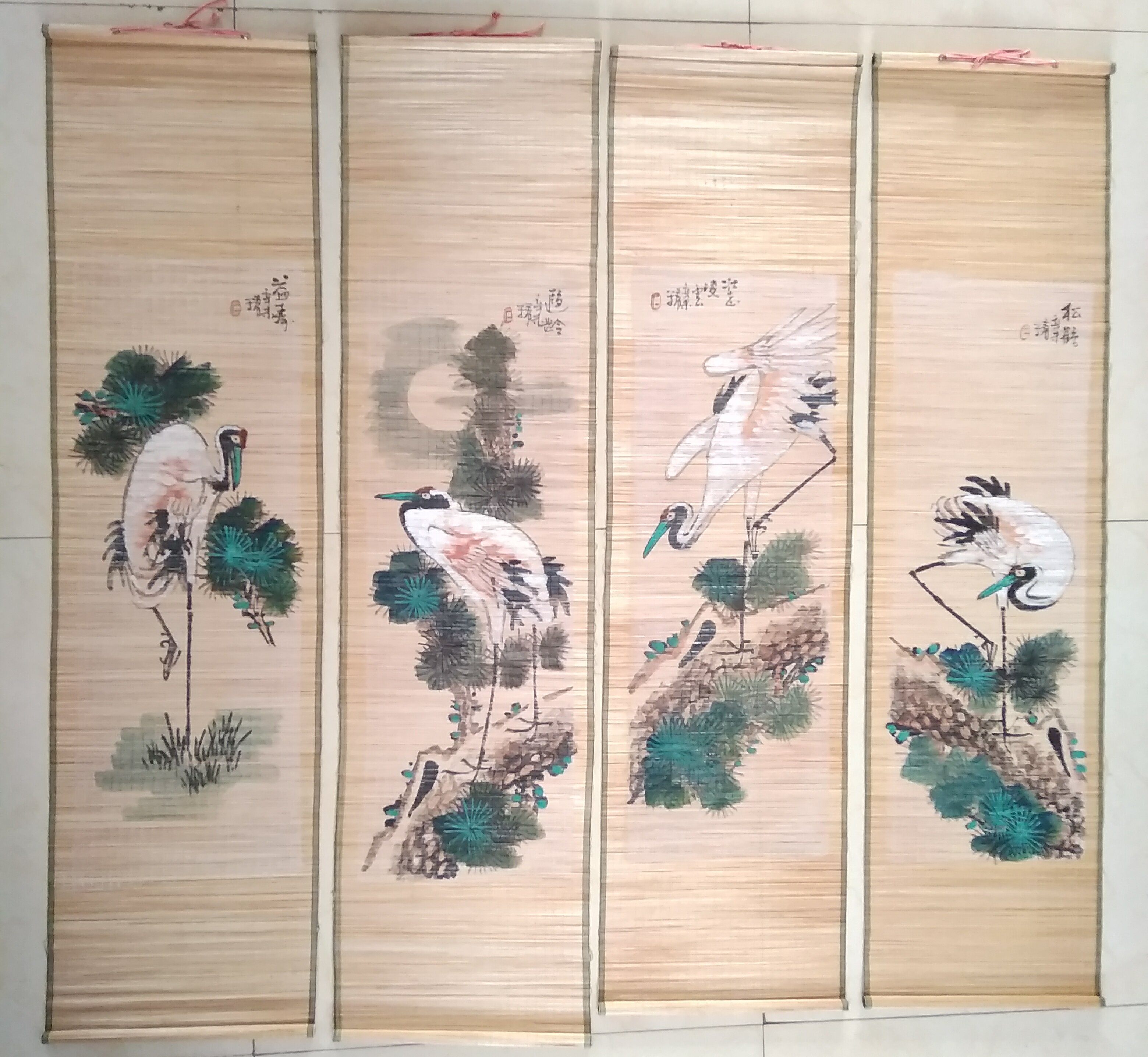 Cultural celebrity Chinese painter Zhang Leibai hand painted pine crane and four reed curtains