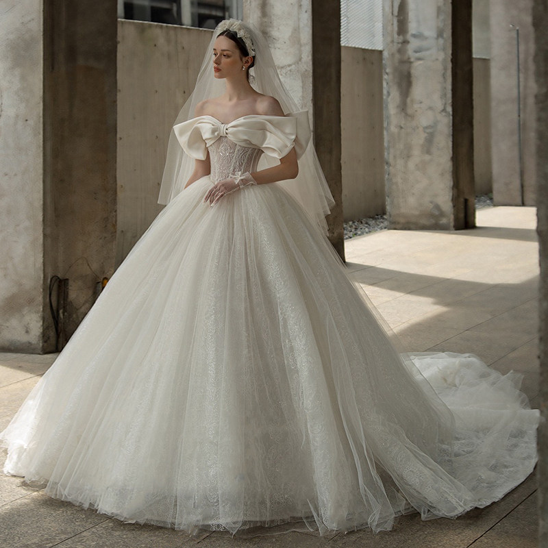 Straight Shoulder Main Wedding Dress 2021 New Bridal Satin Reworked Luxury High Sense Palace Wind 2022 Big Trailing Light