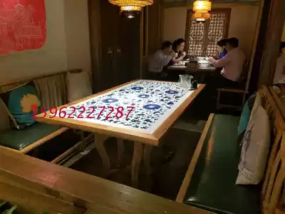 Hotel table and chair dining room table solid wood blue and white porcelain Gui Manlong Chinese style theme hotel Chinese hot sale