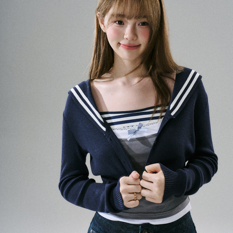 Lost Forest Simple Retro Nautica Style Sweater Sweet Outerwear Hooded Cardigan Slimming New Autumn and Winter Product