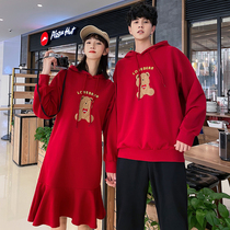 New Years clothes red couples clothes winter clothes one skirt and one clothes Chinese style retro plus velvet sweater dress New Years clothes